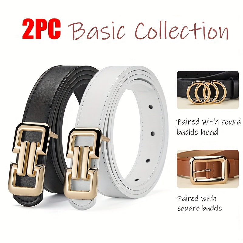 Lot de 2 ceintures fines pour femmes – Noir et blanc, combo ceinture et boucle, éléments dorés, 3 styles (rond/noir/blanc) pour jeans, shorts et robes, ceintures fines polyvalentes pour usage quotidien, mariages, fêtes et bureau (tailles standard)