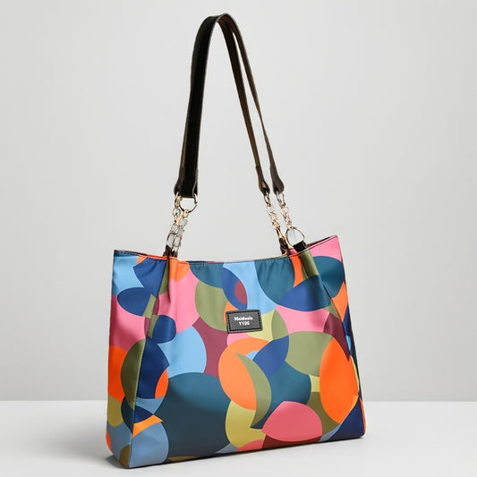 Sac Cabas Femme H7 Grande Capacité – Motif Abstrait Multicolore (Rose, Bleu, Orange, Noir, Jaune, Rouge, Blanc, Marine, Doré), Sac à Main Nylon Robuste avec Fermeture Éclair et Bandoulière Chaîne, Idéal pour Déplacements, Voyages, Travail et Shopping