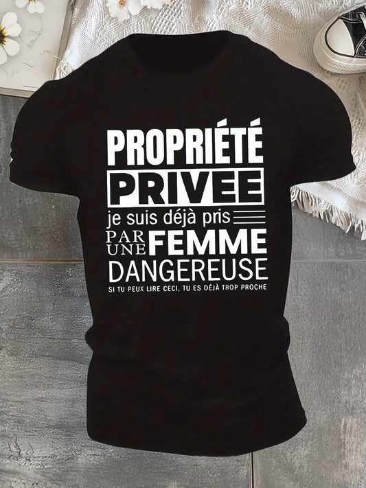Men'S Humorous French Quote T-Shirt - "Property Rights Are Desired" Graphic Tee, Casual Crew Neck, Lightweight Polyester, Summer Wear, White with Black Text, Casual Summer Wear | Crew Neck Tee | Geometric Pattern Shirt, Funny