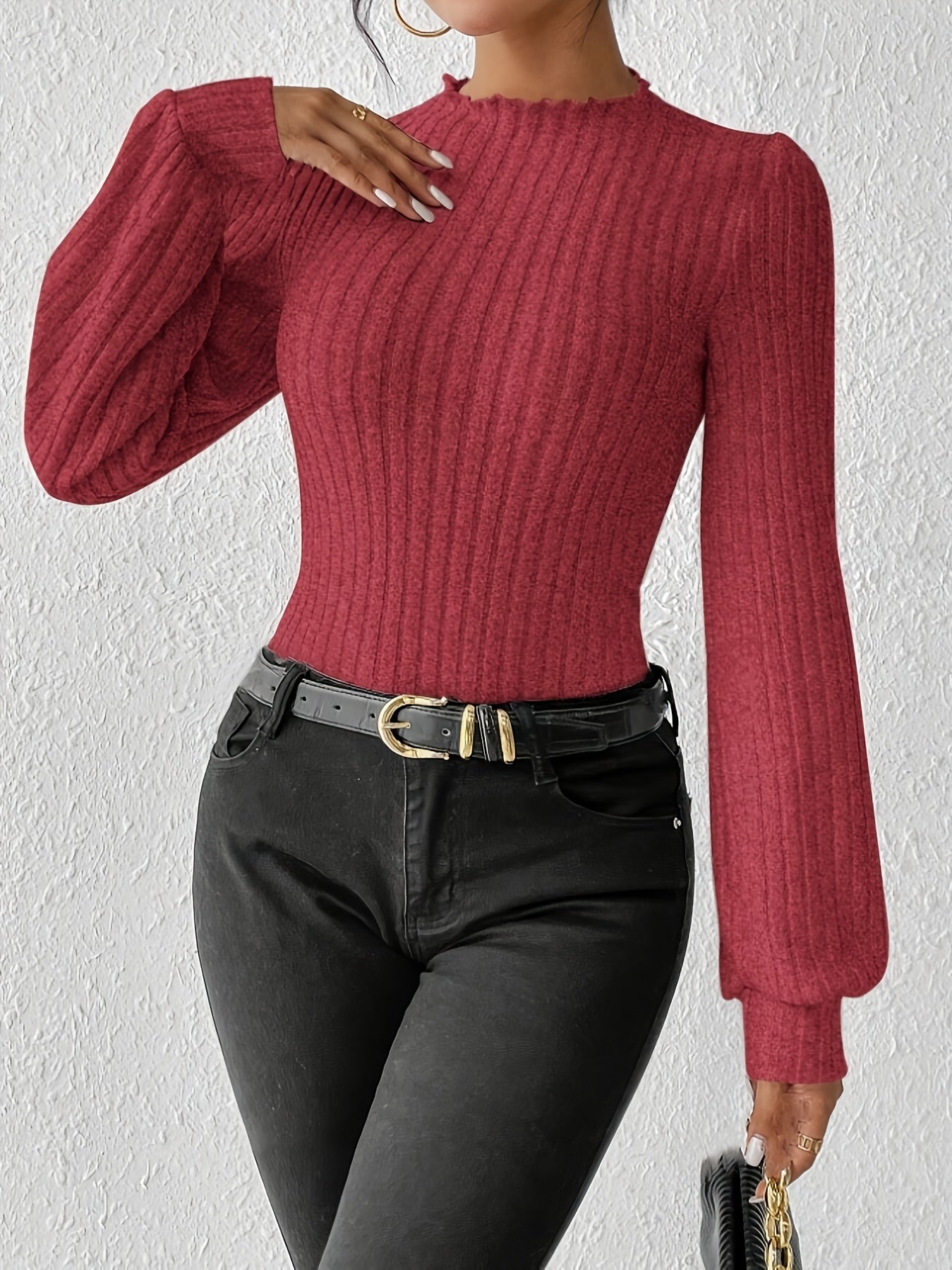 Body élégant femme à manches longues, col montant, en maille côtelée, couleur unie