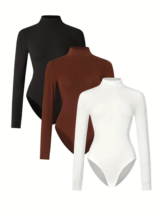 Lot de 3 hauts femme – col montant, manches longues, coupe slim, t-shirts extensibles semi-transparents, noir, marron et blanc, essentiels pour superposition casual, design minimaliste, confortables et polyvalents