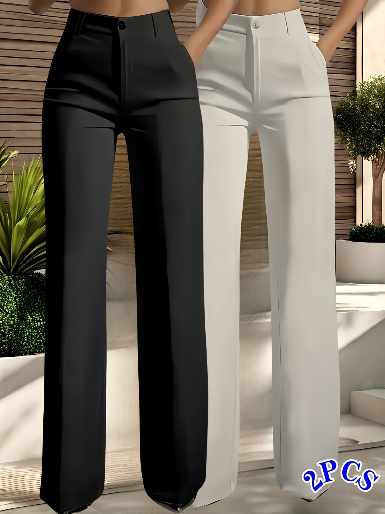 Pantalon Femme Élégant Taille Haute – Jambe Droite, Fermeture Zippée Avant et Taille Élastique Arrière, Couleur Unie, Tous Saisons, Bureau et Décontracté