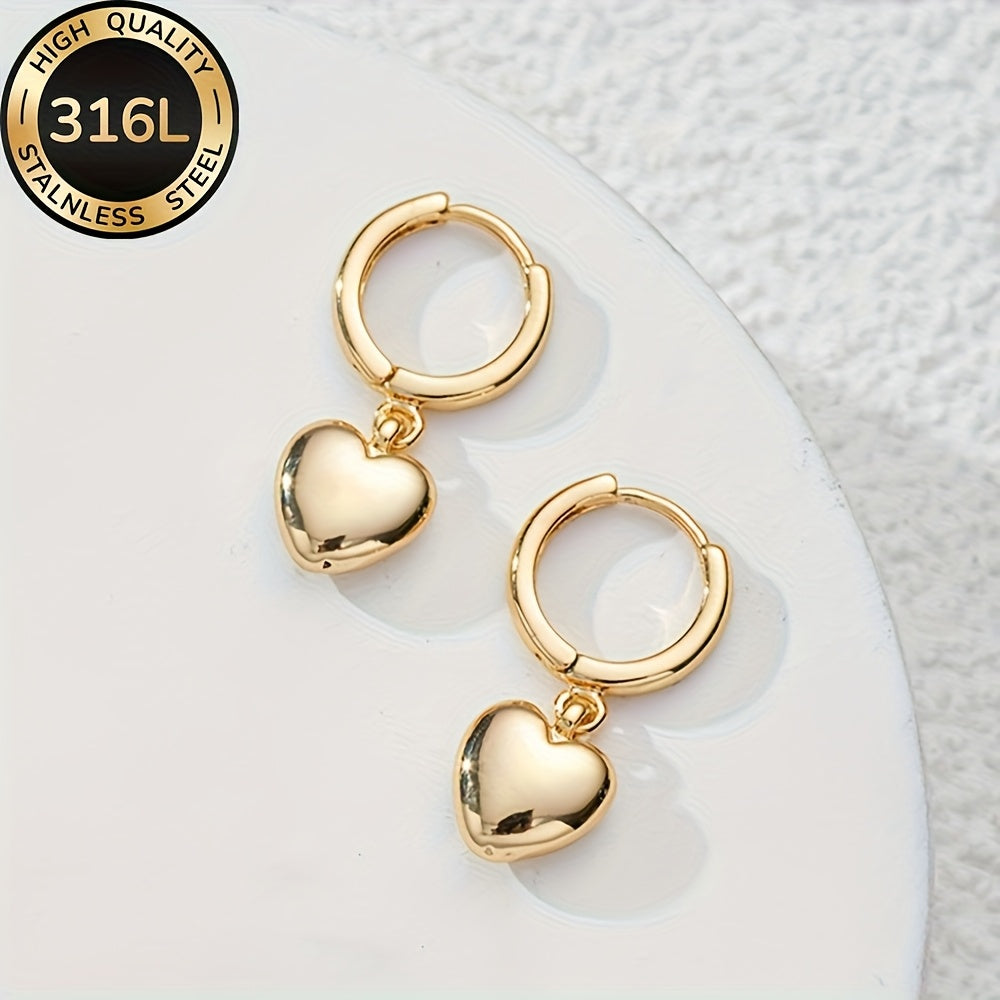 Boucles d’oreilles cœur en acier inoxydable de haute qualité, plaqué or, hypoallergéniques et résistantes à la décoloration, simples et élégantes, parfaites pour usage quotidien ou soirées, cadeau délicat pour femme