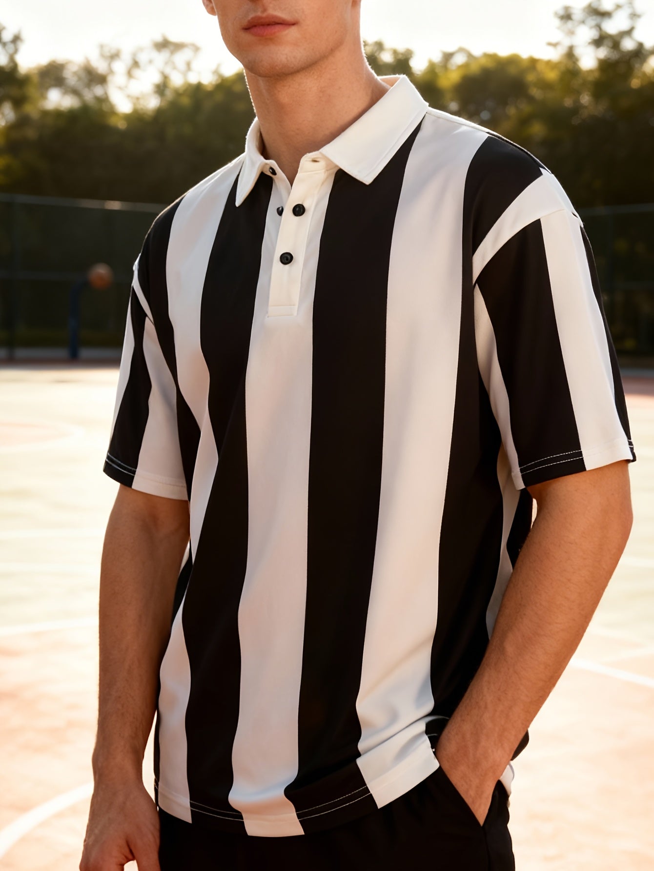 Retro Black and White Striped Men's Short Sleeve Shirt, Casual Loose Fit T-Shirt for Men