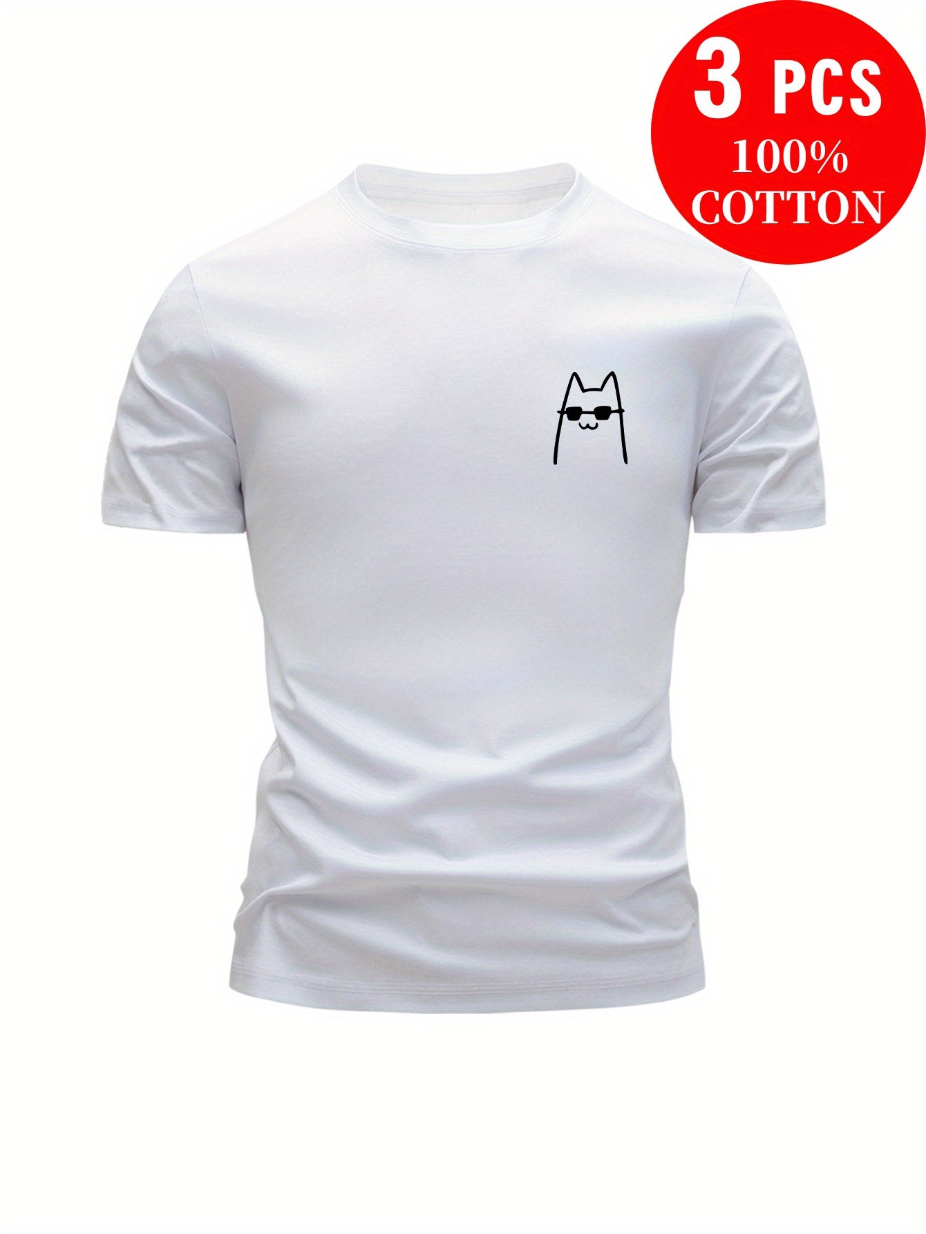 3pcs 100% Cotton T-Shirts, Funny Summer Casual Top for Men with Cartoon Cat Design, Leisure Clothing, Relaxed Fit, Cartoon Print, Playful Design, Cotton Fabric, Comfortable Fit, Short Sleeve Tee, Fitted Shirt, Casual Wearers,