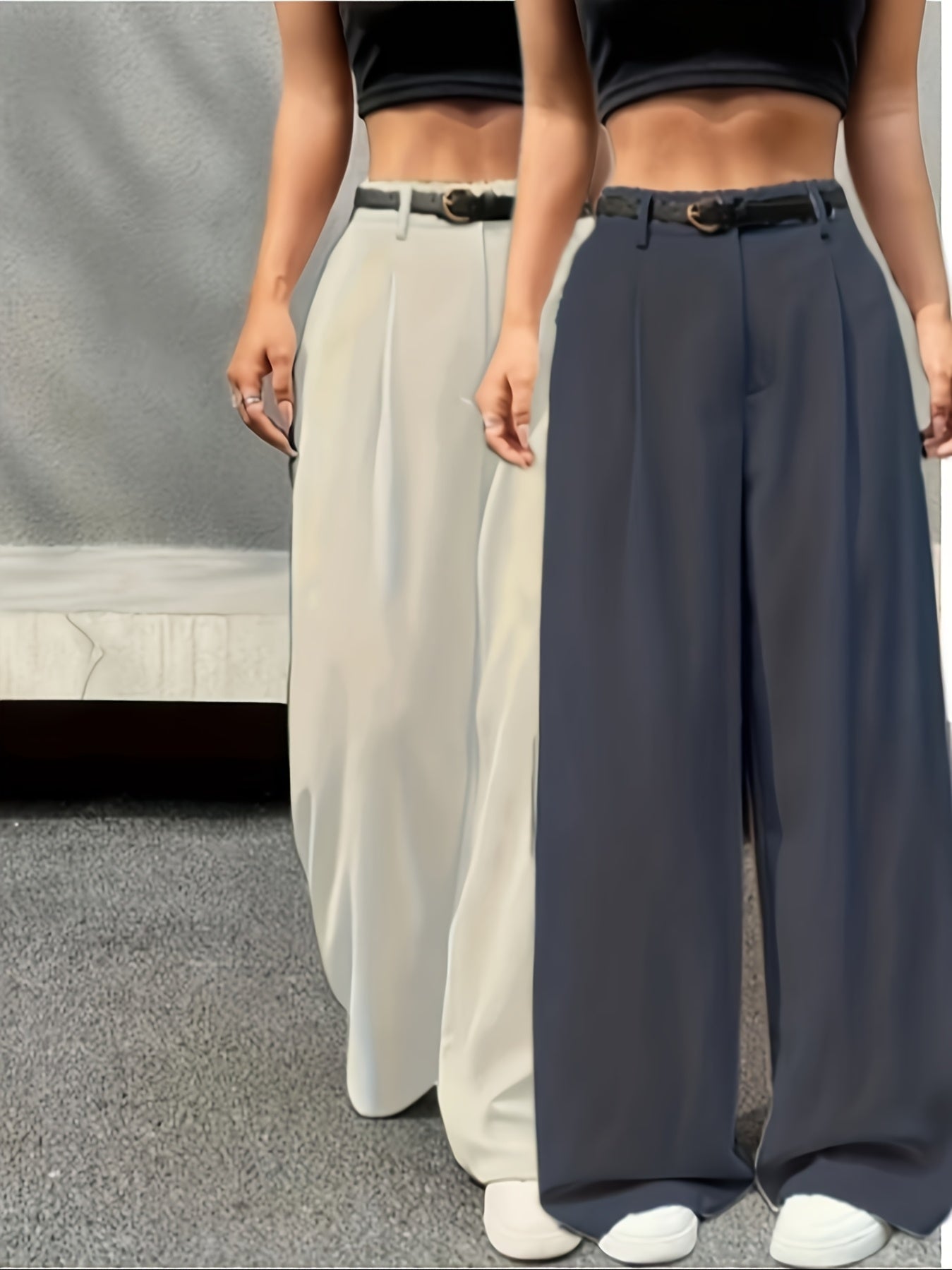 Lot de 2 Pantalons Femme Élégants Taille Haute Plissés – Jambe Large