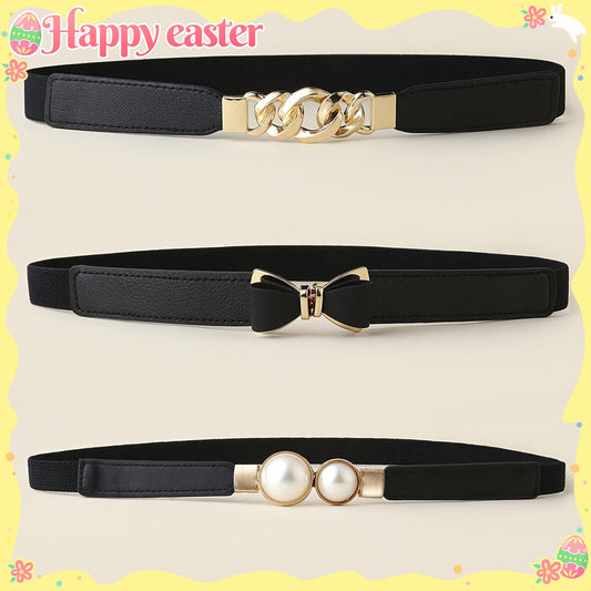 Lot de 3 ceintures élastiques simples, tendance et polyvalentes pour femmes – Ceinture élastique avec chaîne et nœud anti-perles, adaptée pour coupe-vent, robe, pull, veste, boucle en alliage
