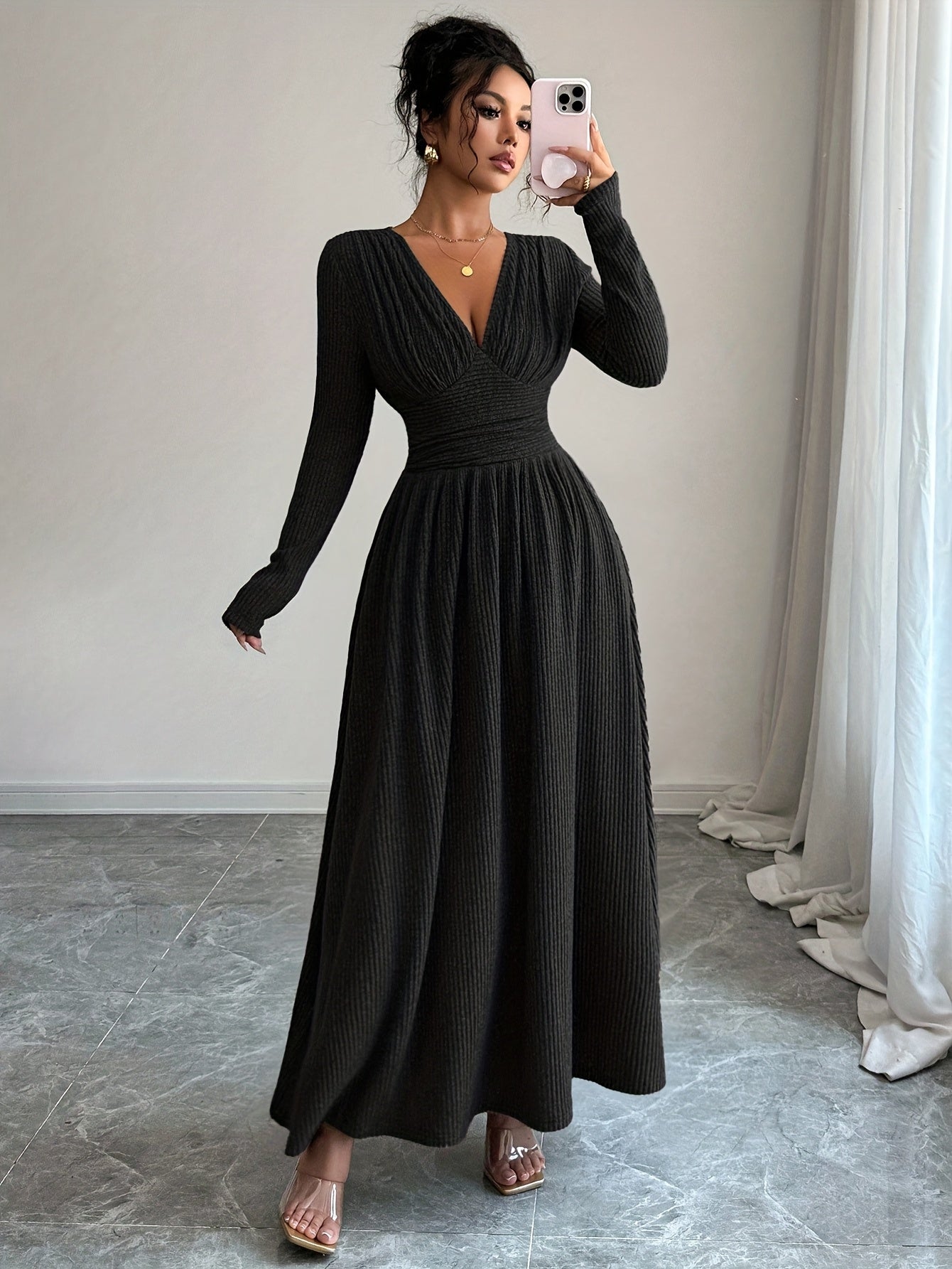 Robe Femme Élégante A-Line Maxi – Manches Longues, Col V, Robe Formelle et Quotidienne, Coupe Flatteuse pour Automne/Hiver, Bureau, Fête, Mariage, Tenues Quotidiennes, Robe Formelle et Décontractée, Port au Bureau, Ourlet à Volants, Look Stylé
