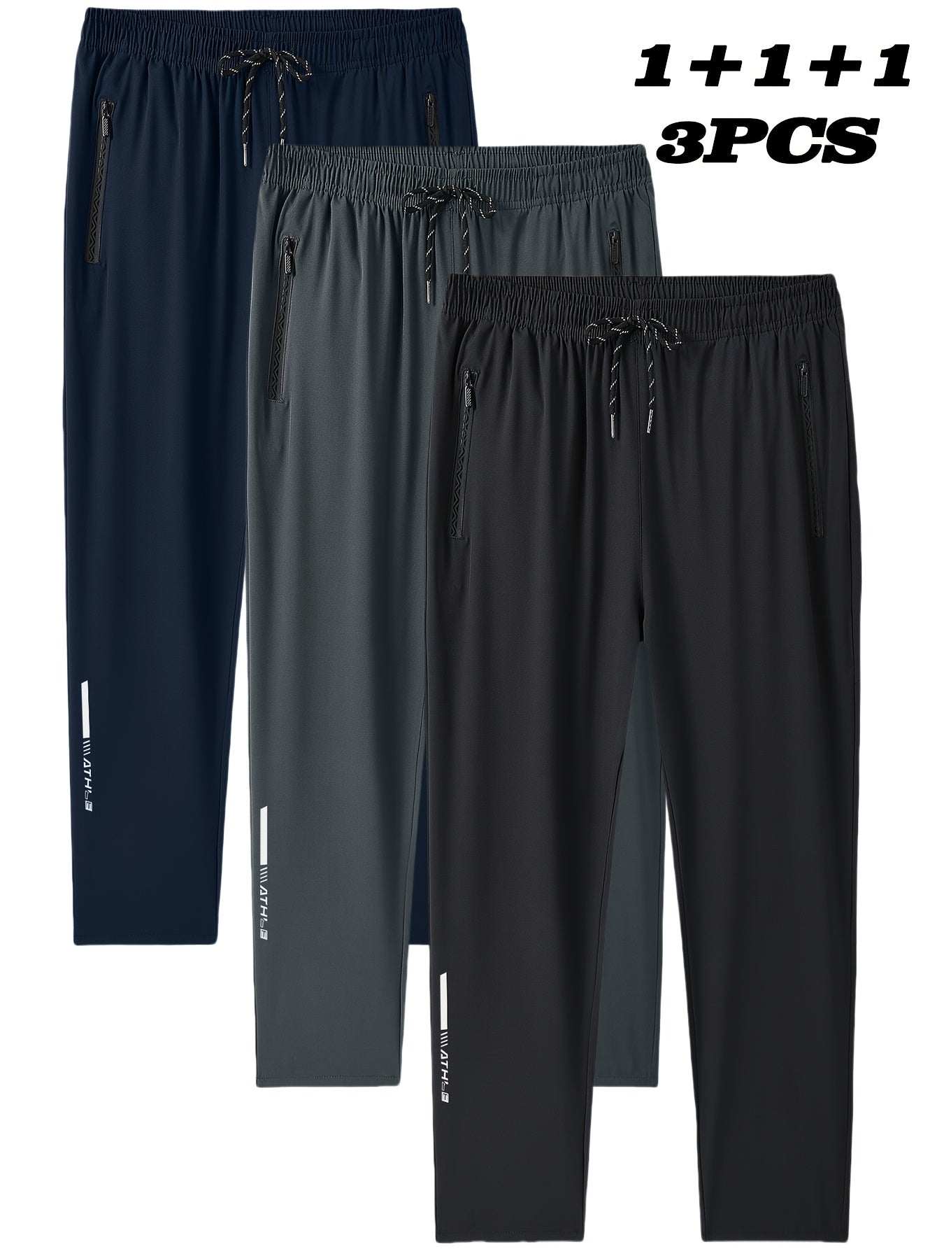 3pcs Pantalons Homme Grande Taille – Casual, Cordon Élastique, Poches Zippées, Noir & Bleu