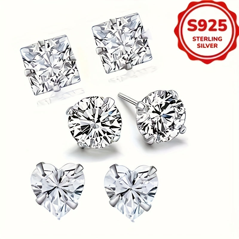 Lot de 6 paires de boucles d’oreilles puces femme en argent S925 hypoallergénique, 1,5 g chacune, ornées de zirconia synthétique, formes cœur et carré, bijou minimaliste et élégant, parfait pour tenue décontractée ou occasions spéciales
