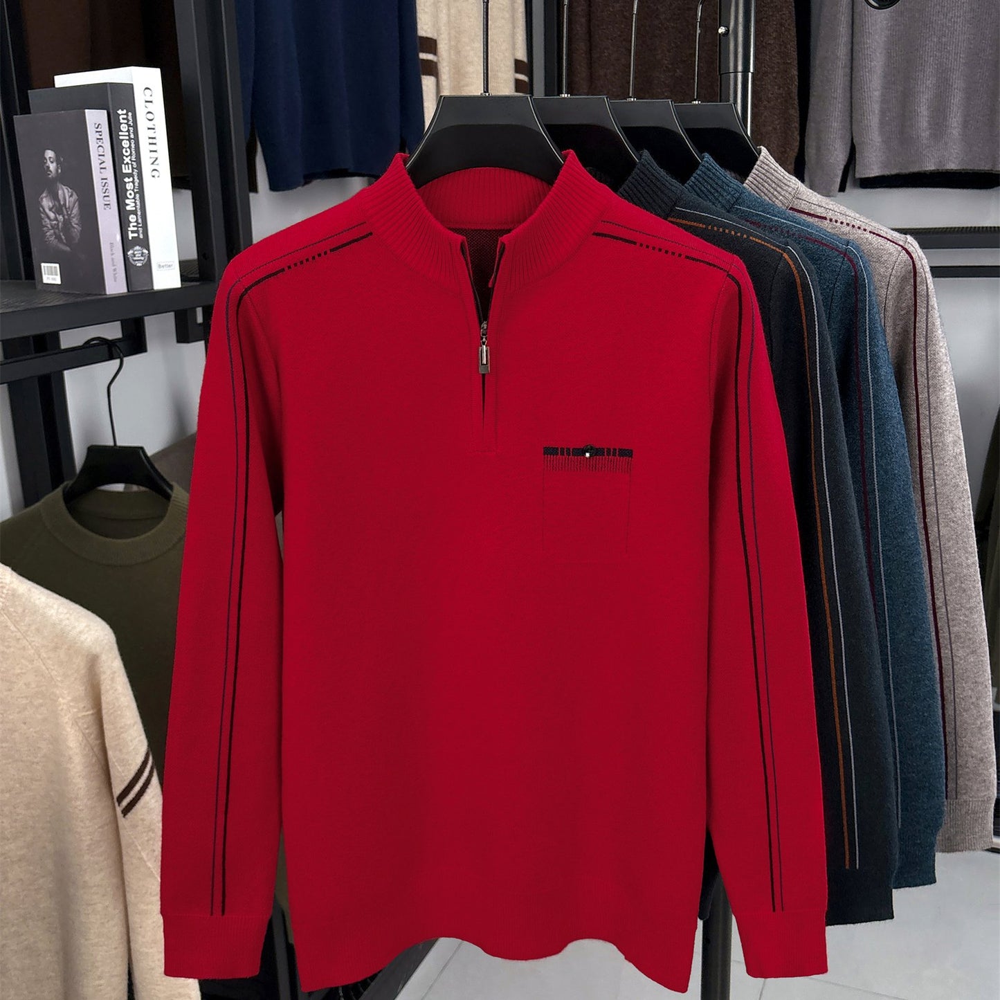 Men's Heavyweight Half-Zip Sweater - Stand Collar Zippered Winter Knit Sweater with Striped Collar & Back Logo, Dark Blue Casual Warm Pullover for Fall/Winter, Versatile Layering for Office & Casual Attire