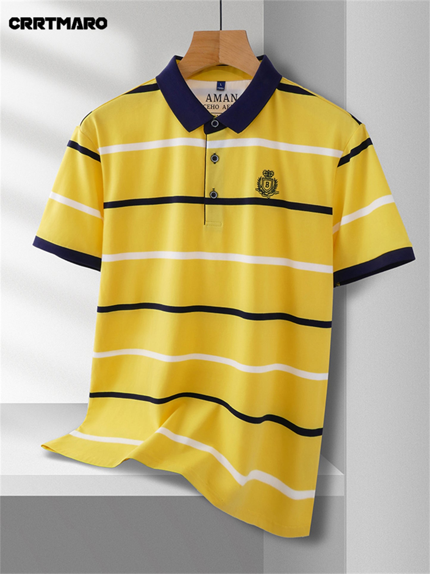 Men's Short Sleeve Shirt - Summer Striped Embroidered Logo, Vibrant Yellow & Navy, Breathable Regular Fit Casual Button-Up for Office & Leisure