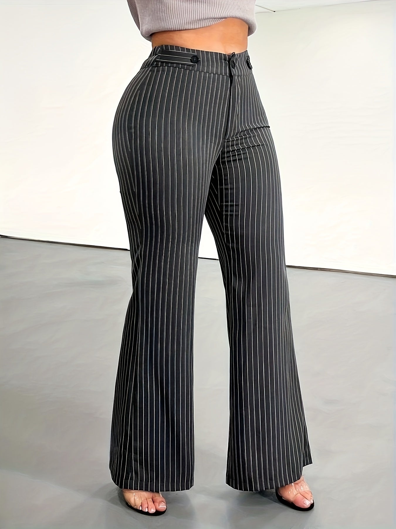 Pantalon Femme Élégant – Noir à Rayures Verticales, Coupe Droite, Bureau et Décontracté, Tous Saisons