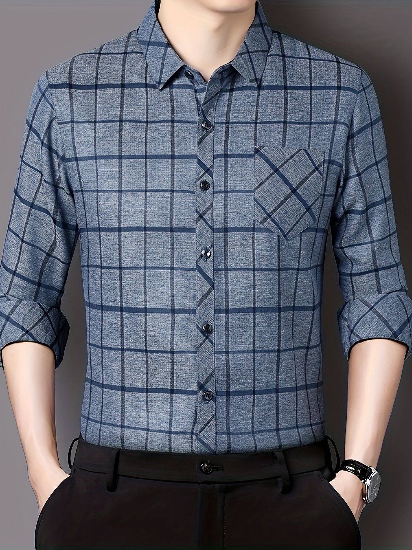 Men'S Long-Sleeve Checkered Shirt, Stylish And Casual, Perfect for Everyday Wear.