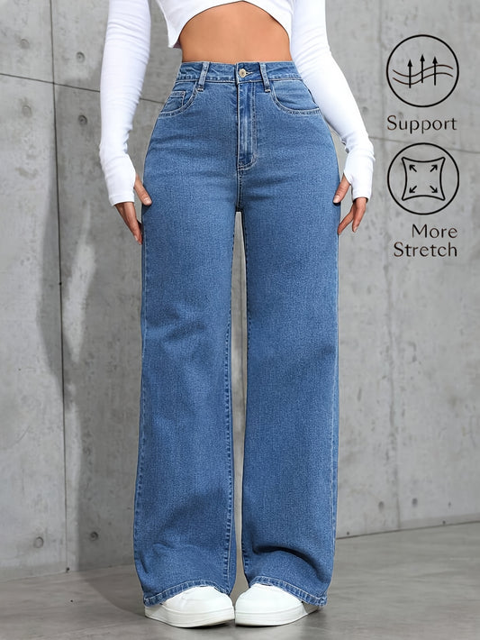 Jeans Femme Taille Haute – Coupe Large, Denim Bleu Clair Lavé, Extensible et Confortable, Pantalon Décontracté à Boutons, Polyvalent Toutes Saisons, Tissu Durable