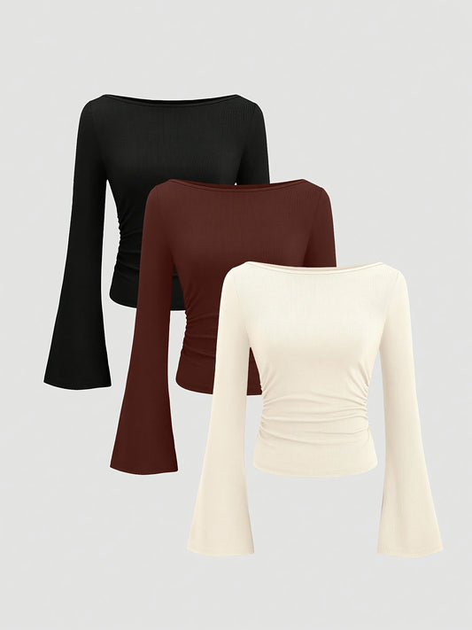 Lot de 3 T-shirts Femme Élégants – Manches Évasées, Col Rond, Hauts Extensibles Couleur Unie avec Poignets Froncés, Lavables en Machine, Décontractés Automne/Hiver (Noir, Marron, Beige), Tissu Stretch Confortable