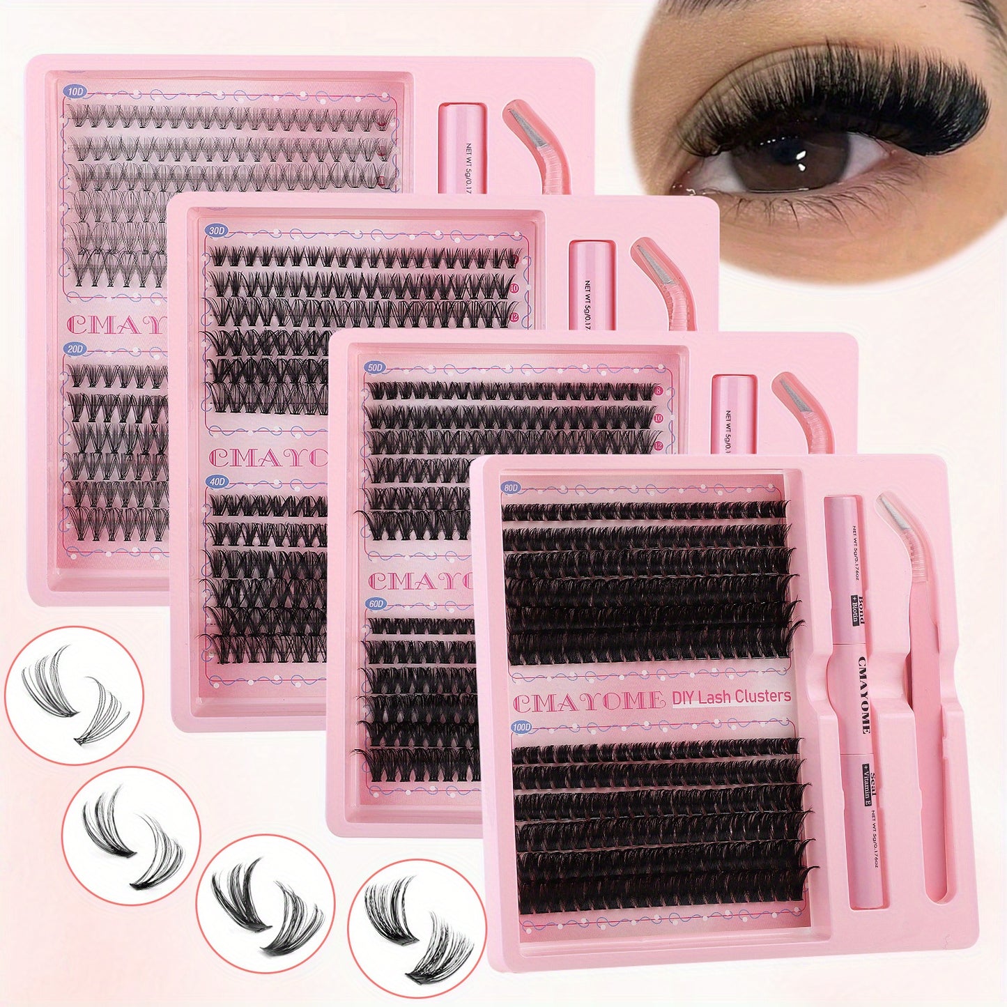 Kit d’extensions de cils DIY – cils naturels style fairy 30D/40D/50D/60D, longueurs mixtes 10-16 mm, courbure D, effet agrandissant les yeux, cils cartoon naturels, colle scellée et pince incluse