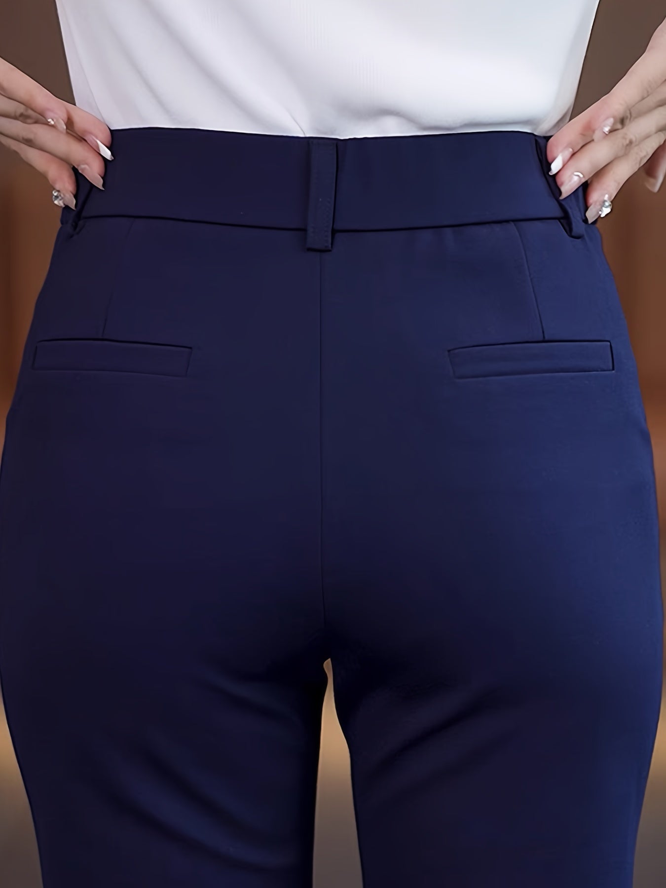 Pantalon Femme Taille Haute – Jambe Droite Noir, Confortable, Taille Élastique, Boutons, Bureau et Décontracté