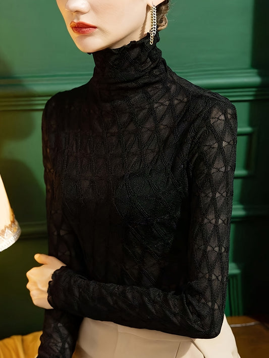 Haut col montant manches longues pour femme, noir semi-transparent, slim, élégant, manches longues, lavable en machine