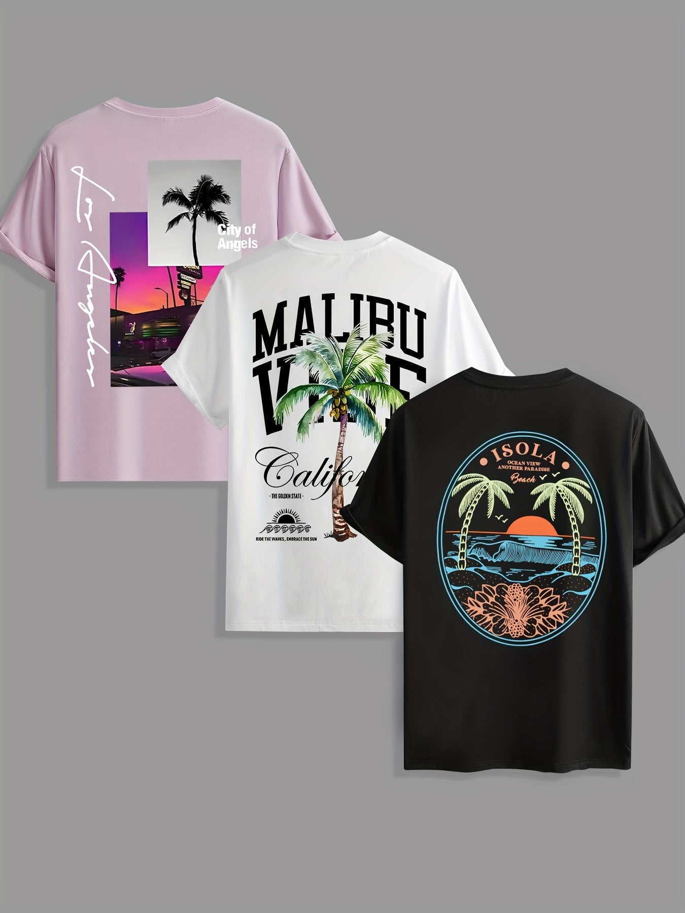 Men'S "MALIBU VIA California" Beach Coconut Tree Graphic T-Shirt - Casual Summer Tee with Palm Tree & Sunset Design, Short Sleeve, Round Neck, Knitted Fabric, Perfect for Outdoor Activities, Beachwear Tee | Relaxed Fit Tee |