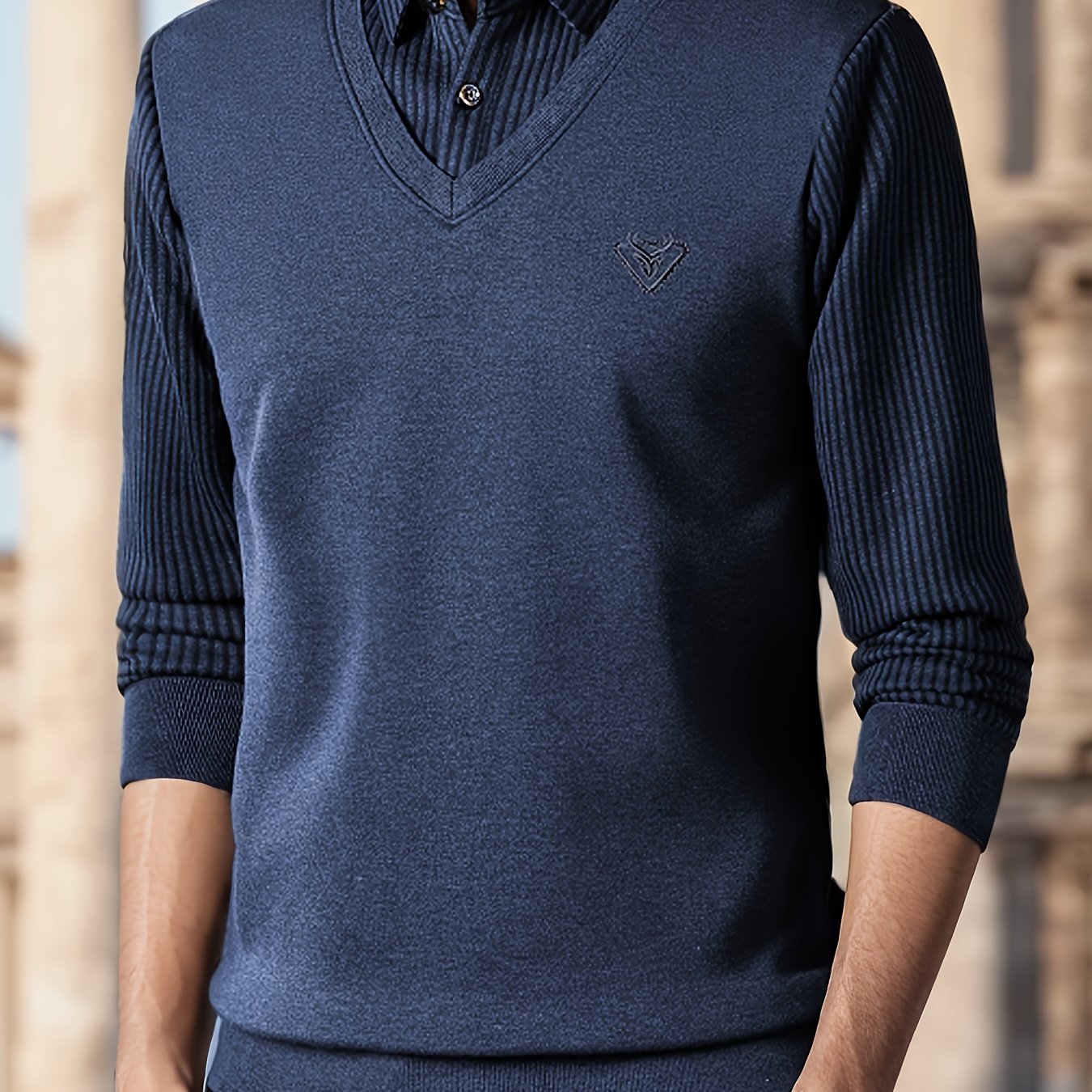 Men's Casual Knit Polyester Sweater - Long Sleeve Layered-Look Lapel Collar with Striped Pattern and Embroidered Detail - Perfect for Sports, Travel, and Office Wear - Spring/Fall Lightweight Stretch Pullover