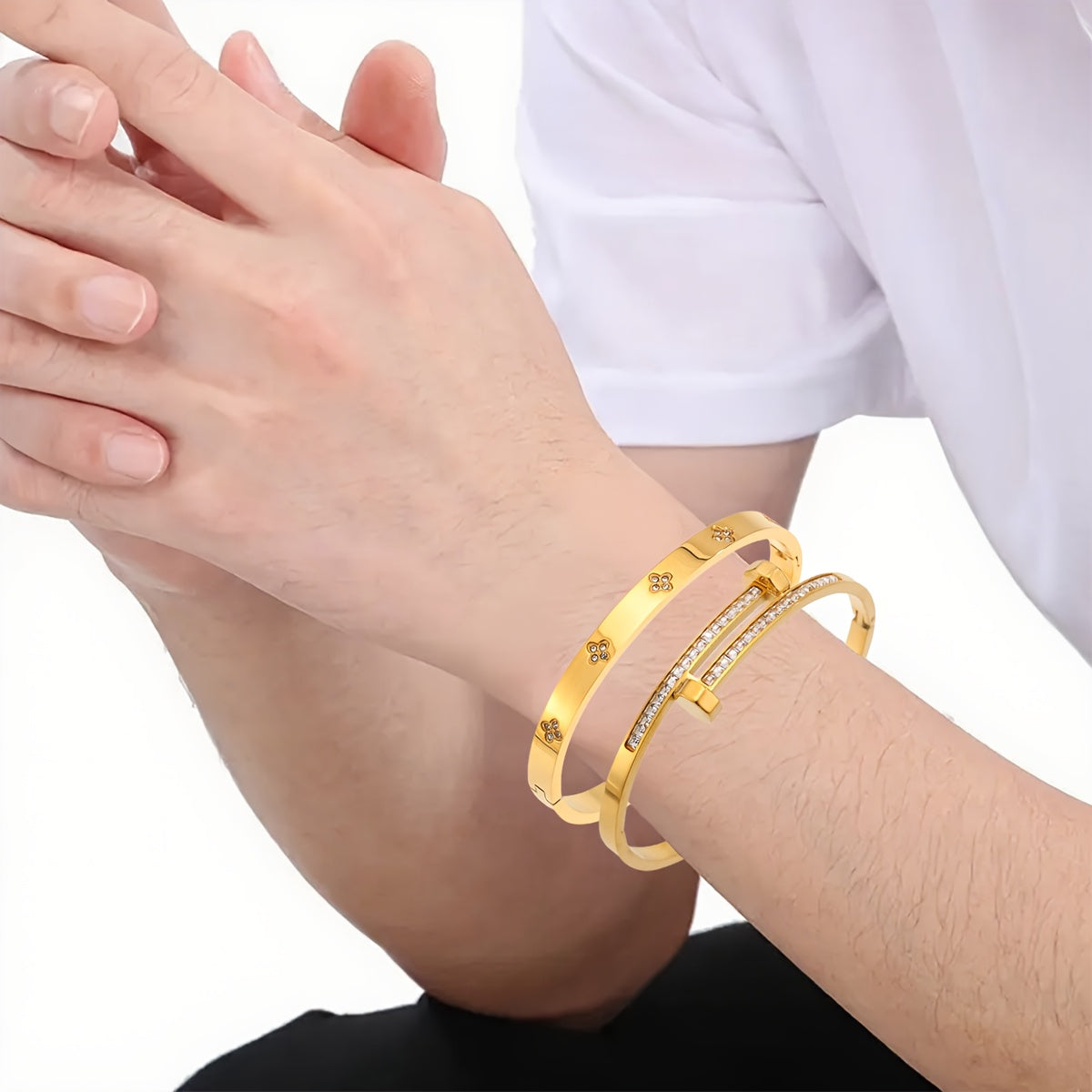 Lot de 2 Bracelets Vintage en Acier Inoxydable – Design Unique, Tendance et Polyvalent, Unisexe, Idéal Quotidien, Voyage, Mariage ou Fête, Avec Strass, Style Original, Plaqué