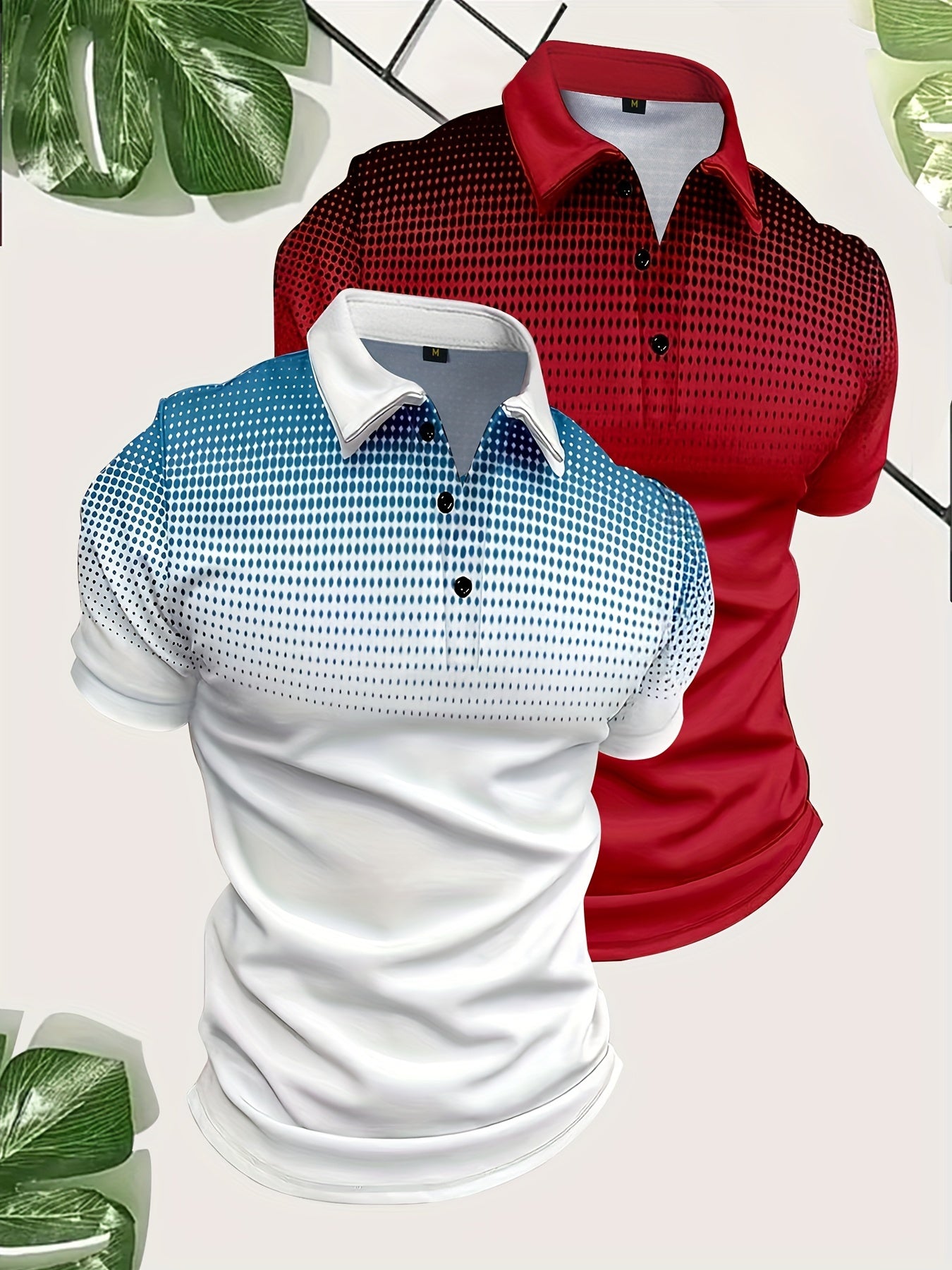 2pcs Men's Gradient Pattern Print Short Sleeve Lapel Golf Shirts, Casual Style Slight Stretch Regular Fit Summer Tops, Summer Golf Shirts