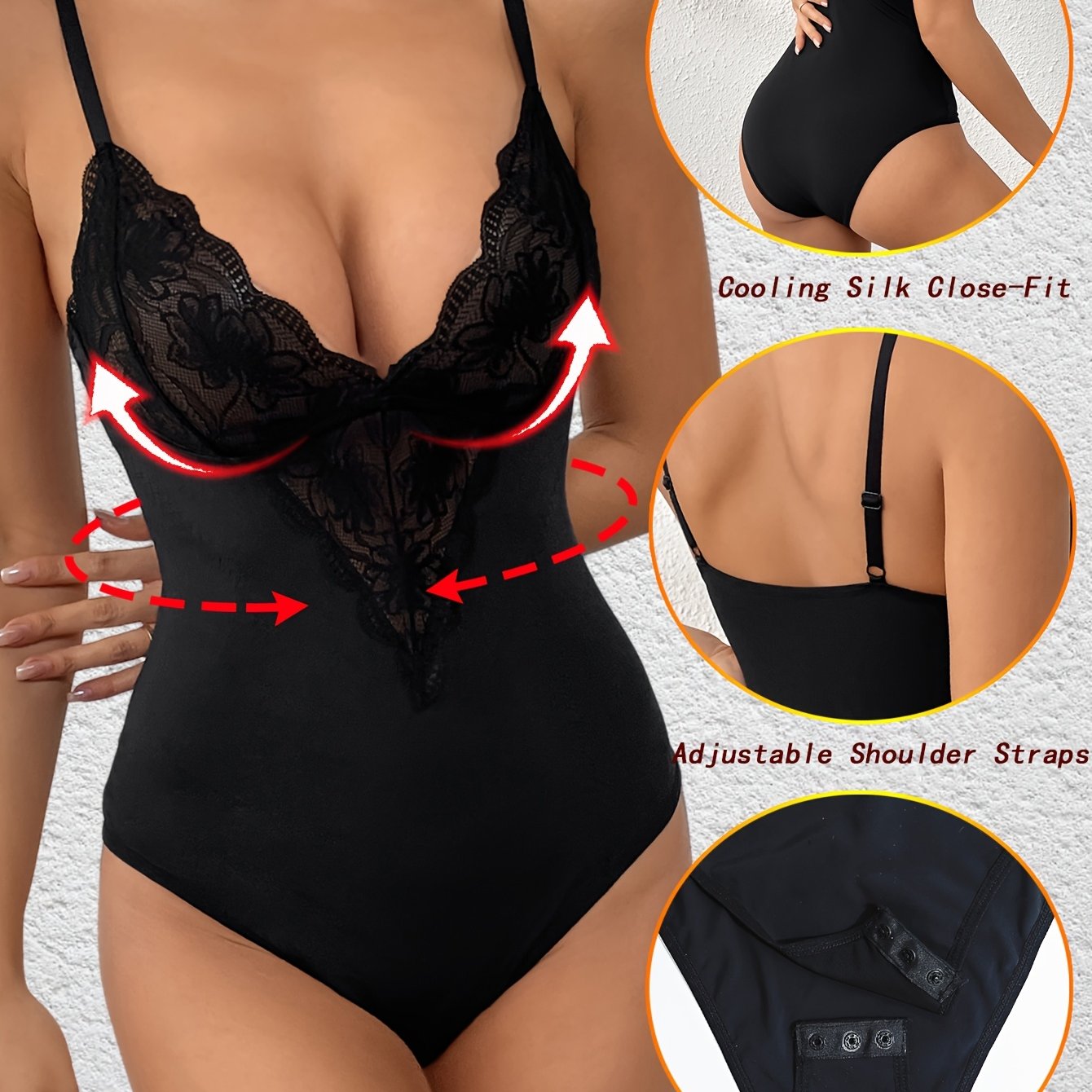 Body sexy femme en dentelle avec décolleté profond en V, détails ajourés et bretelles réglables. Fermeture à boutons-pression pour un confort optimal. Lingerie élégante et galbante, disponible aussi en grande taille
