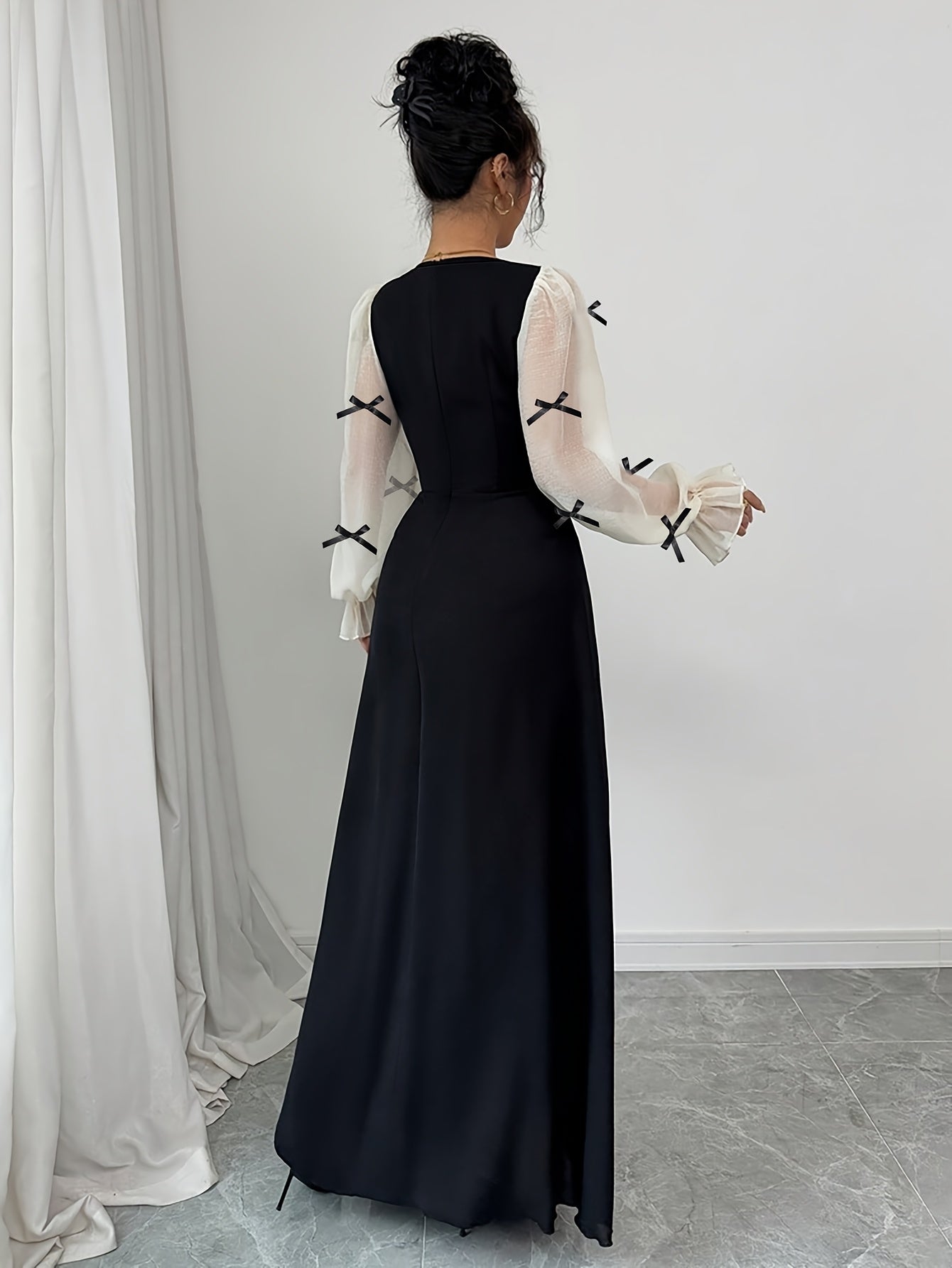 Chic Women'S A-Line Dress with Square Neck, Featuring Chiffon Bell Sleeves And Bow Accents, Perfect for Winter Celebrations, Christmas Parties, New Year Festivities, And Thanksgiving Gatherings.