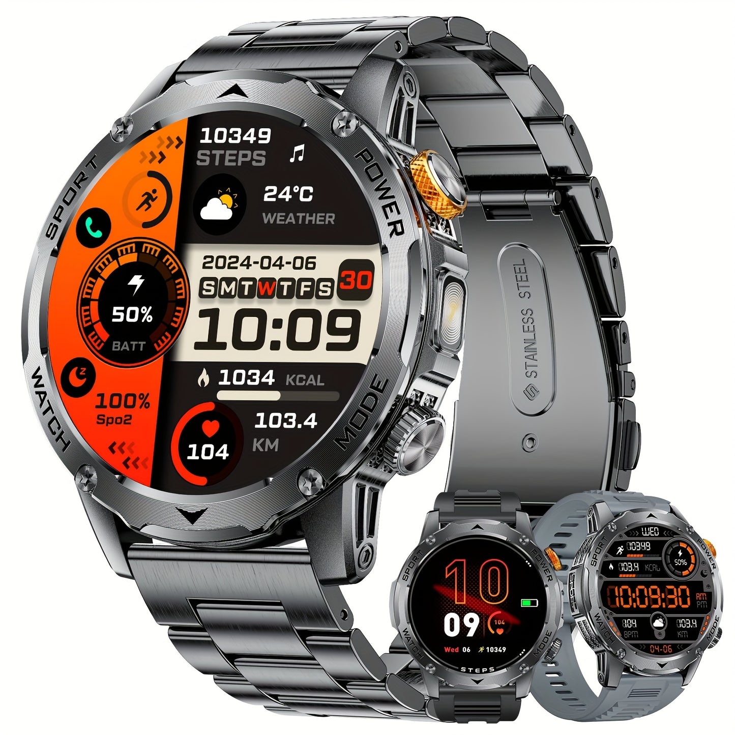 Montre Connectée Homme – Écran HD 4,45 cm, Plus de 50 Modes, Autonomie Ultra Longue avec Batterie 1000 mAh, Fonctions Téléphone, 110+ Modes Sport, Suivi du Sommeil, Podomètre, Compatible Android et iPhone, Lot de 3 Bracelets avec Lumière Flash