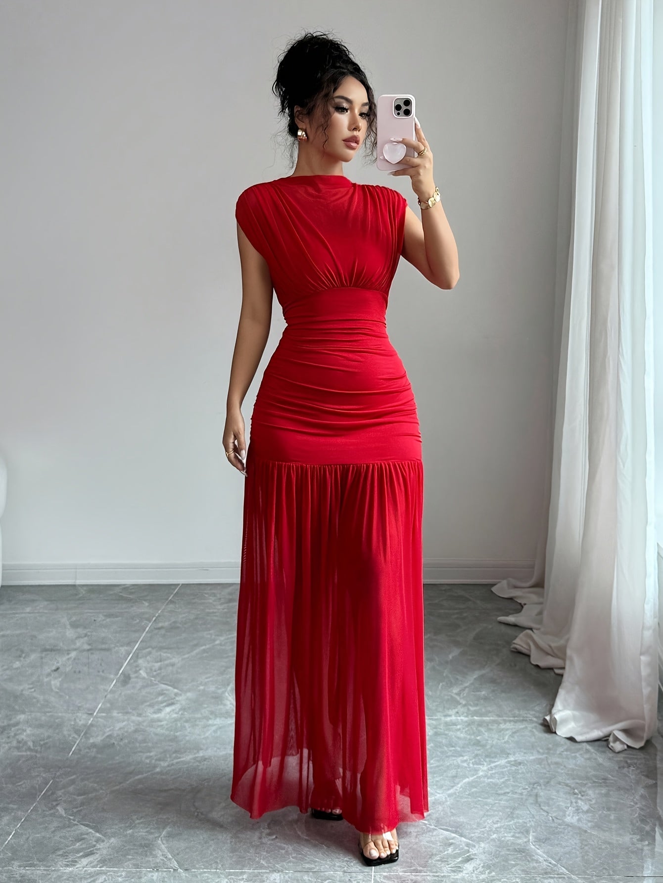 Robe Femme Élégante Sirène — Col Haut, Coupe A-Line Longue, Dos en Tulle Transparent, Robe Extensible Rouge pour Mariages, Soirées et Prom, Lavable en Machine, Tenue Formelle pour Femmes