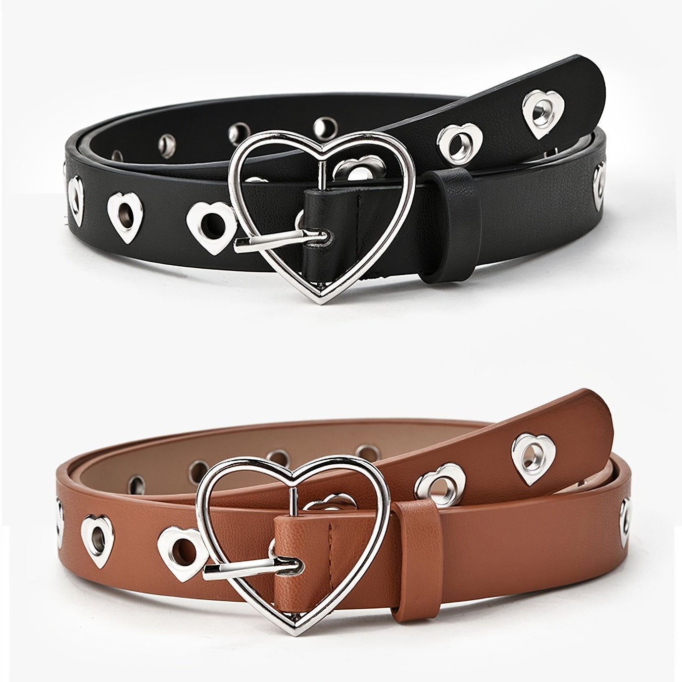 Ensemble de 2 ceintures décoratives créatives en PU pour femme avec boucle en forme de cœur, ceinture polyvalente et tendance avec boucle en forme de cœur couleur pêche et trou complet