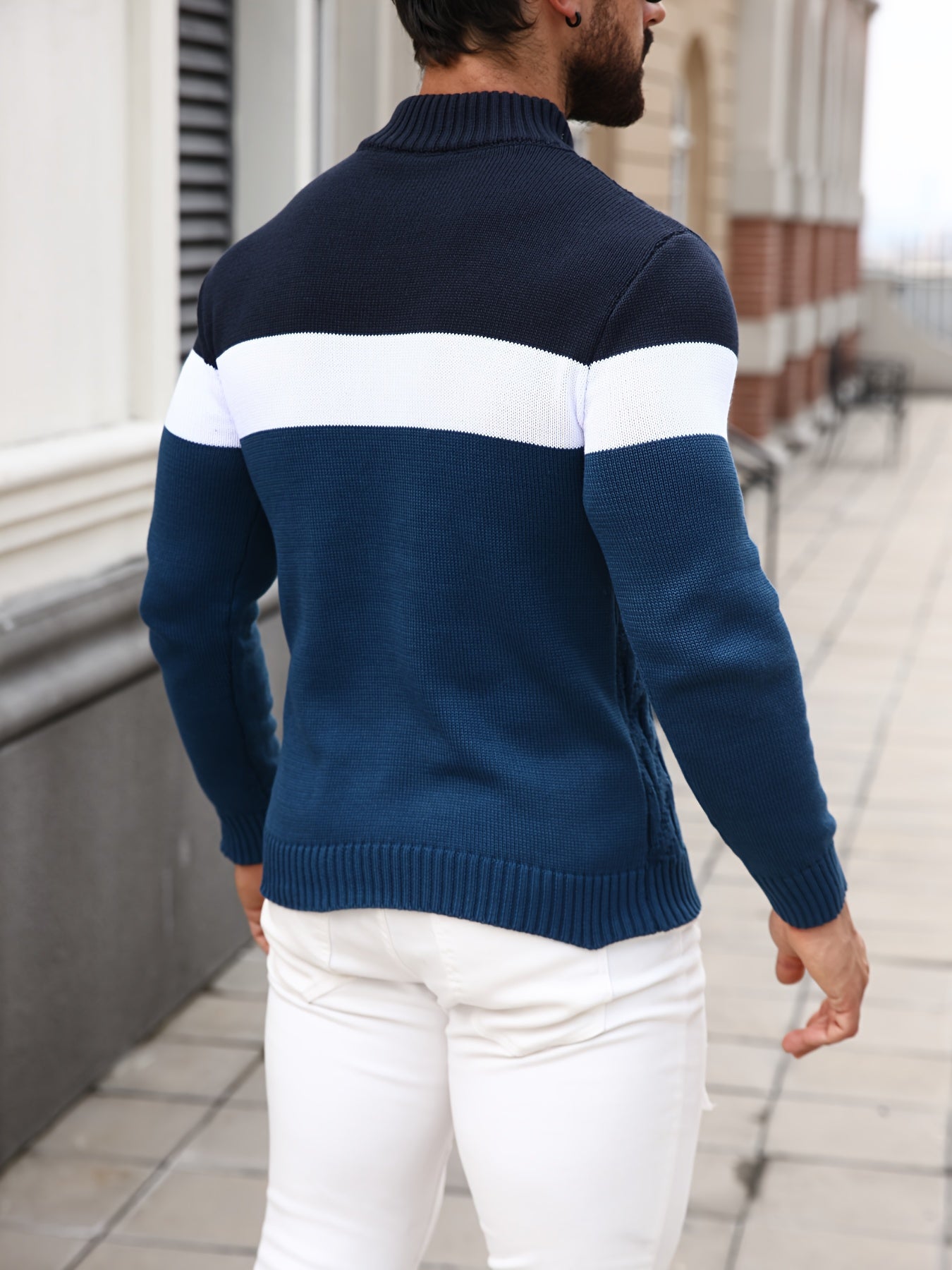 Men'S Casual Stand Collar Pullover Sweater - Stylish Quarter Button Geometric Knit Design, Long Sleeve, Regular Fit for Fall/Winter