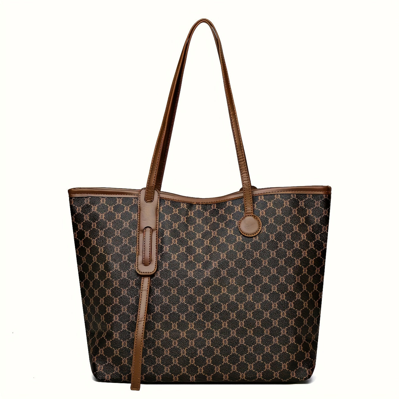 Sac fourre-tout tendance pour femmes – motif géométrique gris et brun foncé, fermeture zippée, doublure polyester