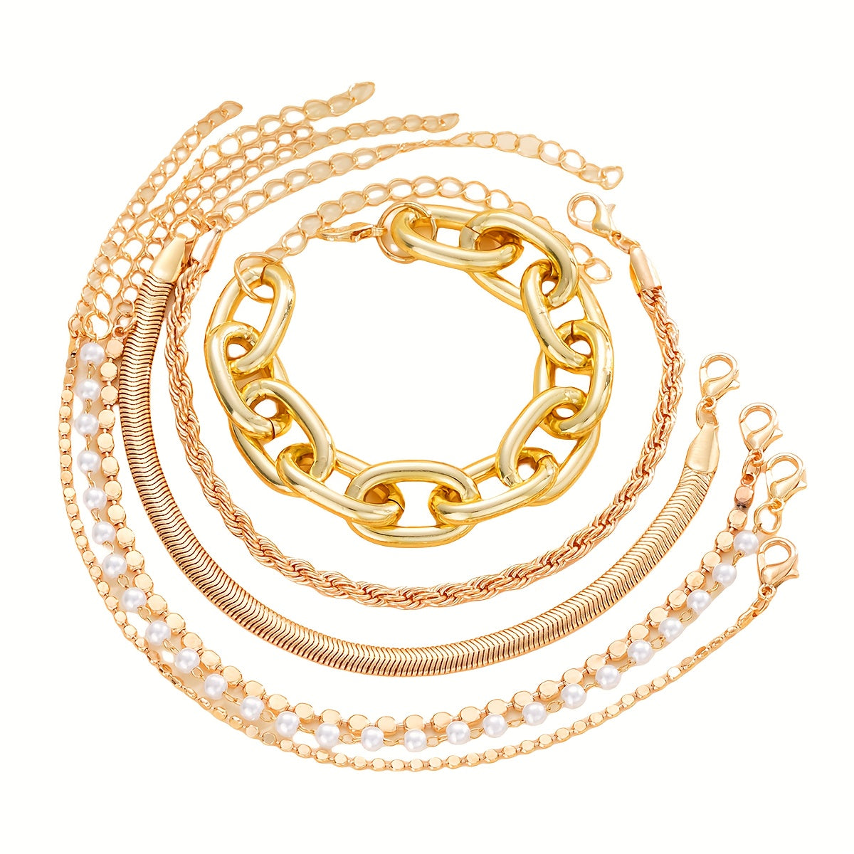 Lot de 6 bracelets vintage femme – métal élégant, éléments multiples, perles imitation, chaîne serpent torsadée, maillon rond, multi-couches empilables, parfait pour vacances, soirées, rendez-vous, cadeaux ou tenue quotidienne