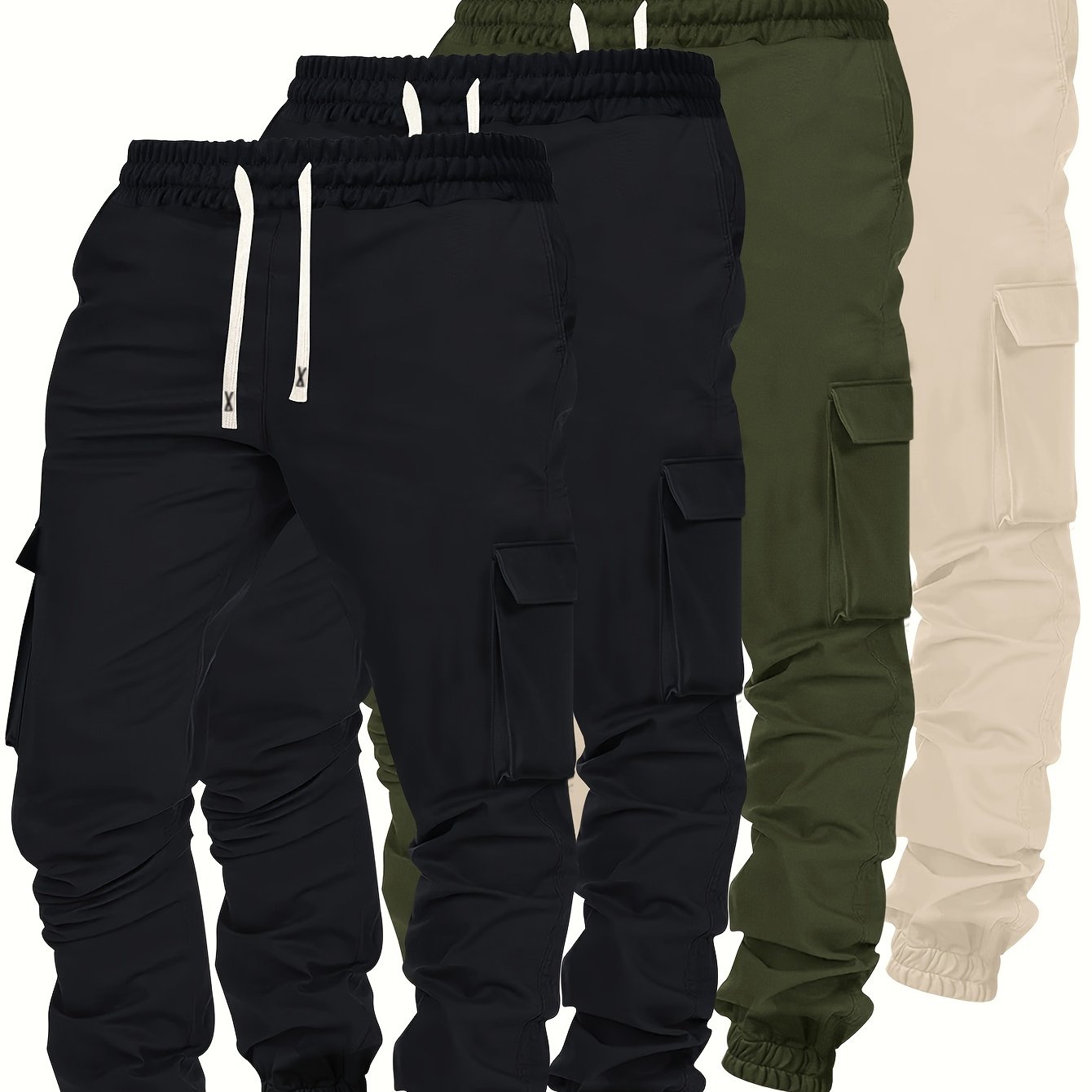 Lot de 4 pantalons cargo homme robustes – Pantalons toutes saisons avec multiples poches, taille à cordon élastique et passants de ceinture, idéaux randonnée, jogging, casual – Lavables en machine (noir/olive/beige/bleu marine) – Coupe régulière