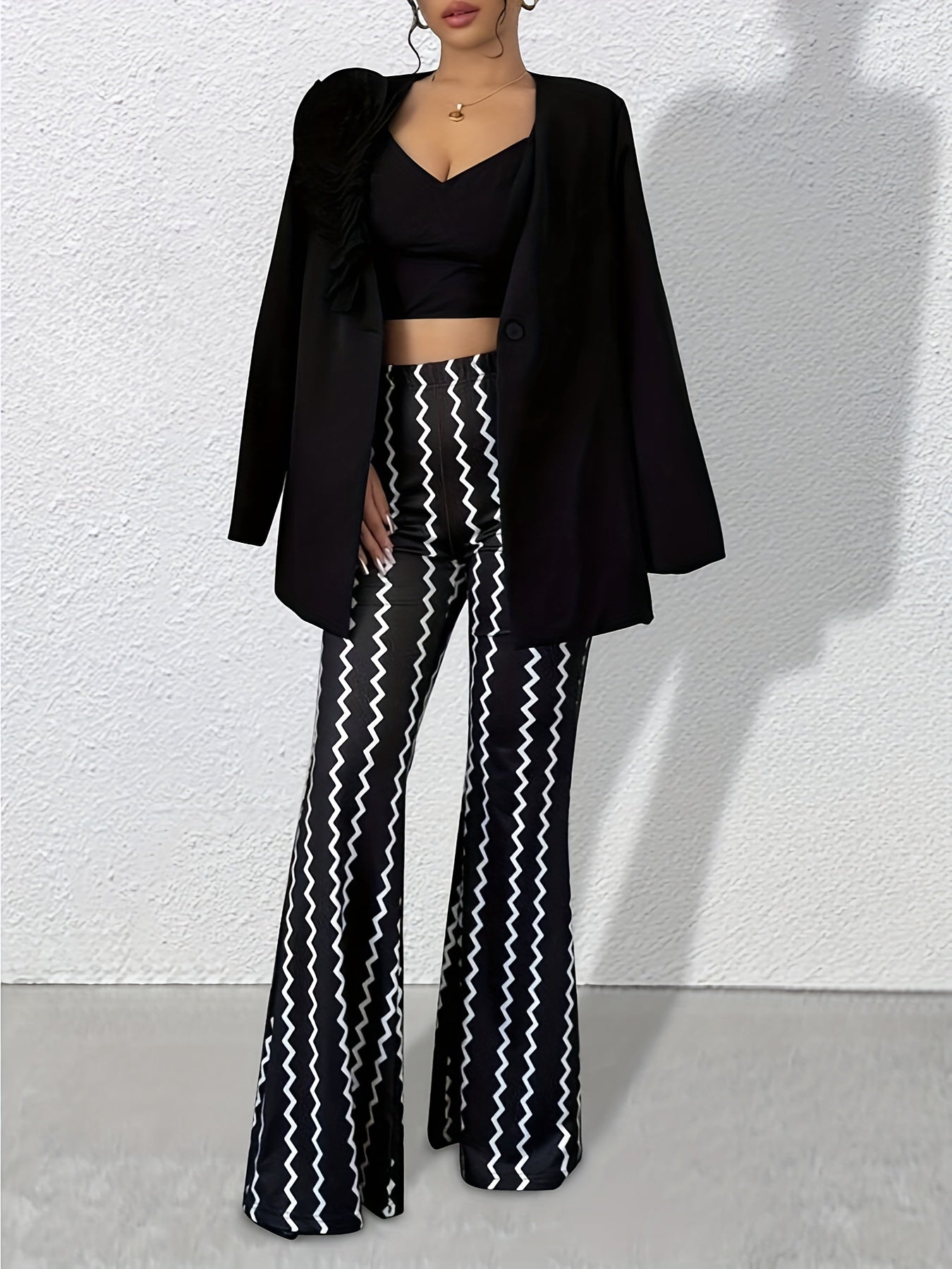 Pantalon Femme Décontracté Évasé – Motif Zigzag Bicolore, Tissu Maille Polyester, Tous Saisons