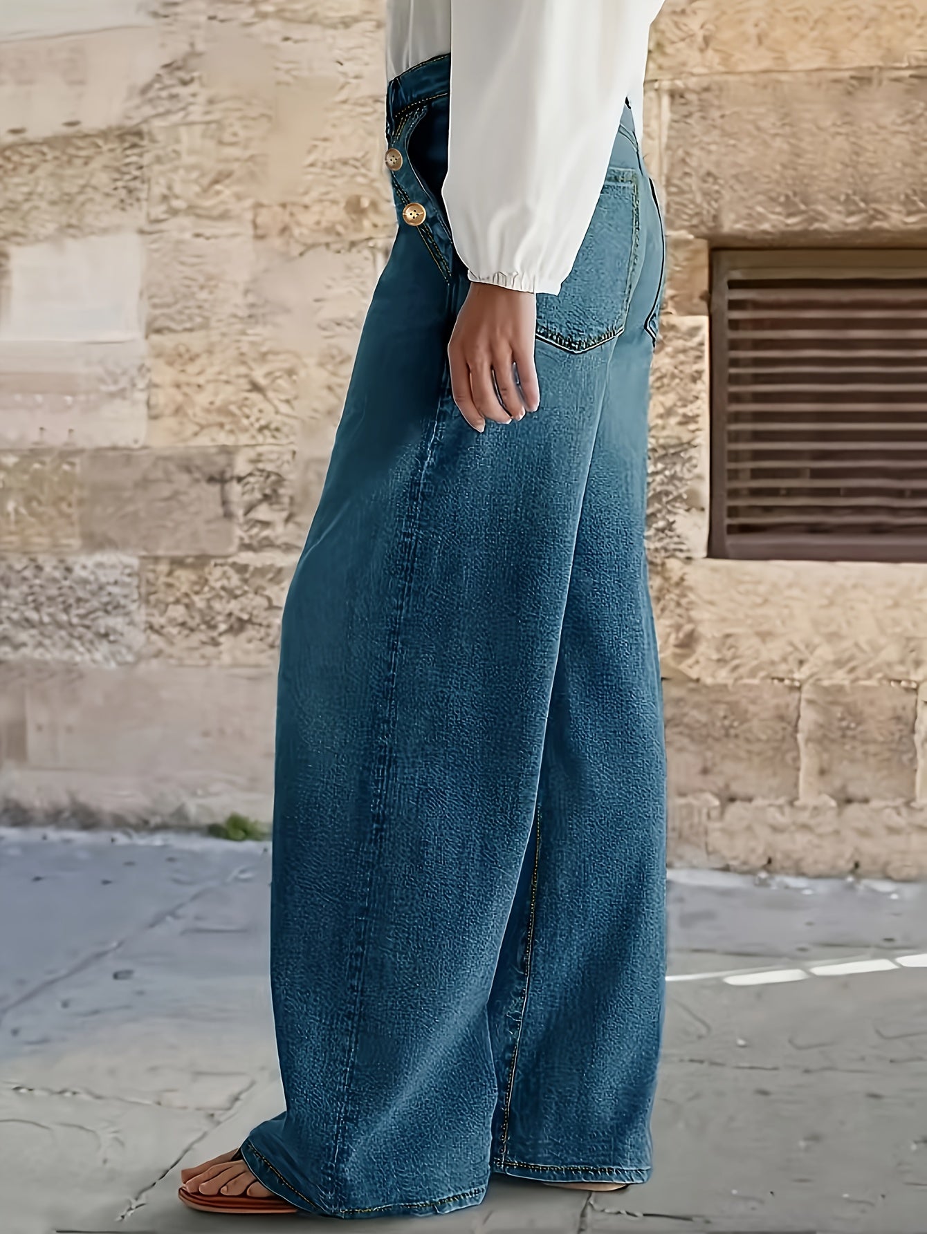 Jeans Femme Élégant Jambe Large Taille Mi-Haute Sans Ceinture Boutons Poches Durables Extensible Toute Saison Décontracté et Professionnel Bleu Lavable