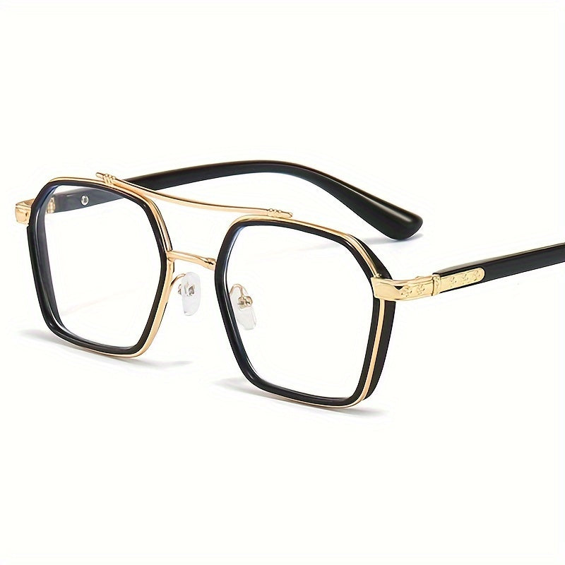 Trendy Full Rim Square Eyeglasses for Men & Women - Spectacle Frame with Golden-Tone Metal Accents, Black PC Material, Clear Lenses, Stylish Retro Design, Eyewear|Elegant Golden Accents|Lightweight Glasses