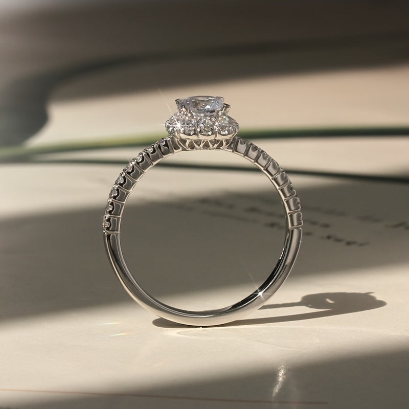 Bague de fiançailles solitaire en cuivre – pierre ronde unique, style scintillant luxe, halo en zirconia synthétique, bague promise pour femme, mariage ou soirée, pierre de naissance d’avril