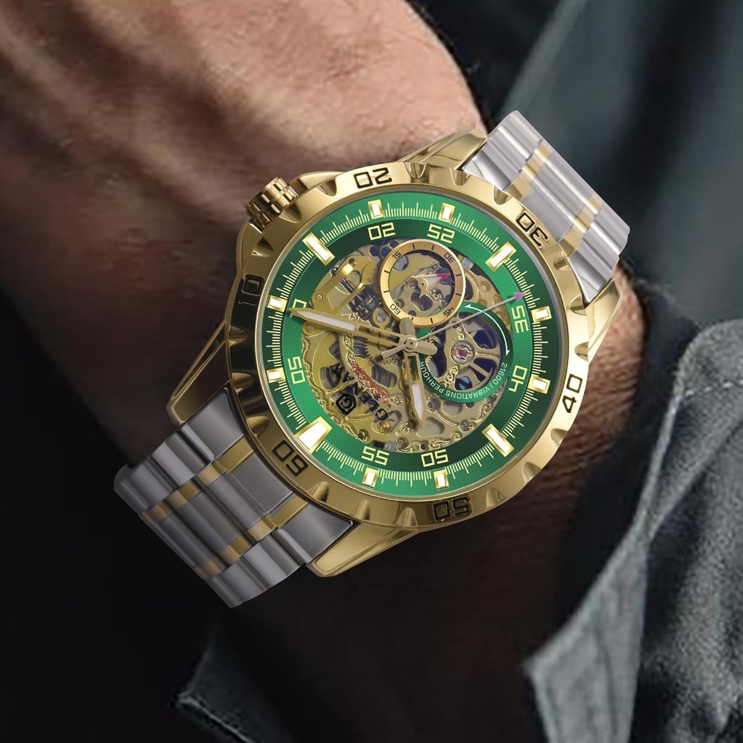 Men'S Automatic Watch with Flying Tourbillon Rotating Skeleton Mechanism - Stainless Steel Strap, Golden-Tone Dial, Mechanical Self-Winding Movement, Without Battery, Casual Style, Pointer Display