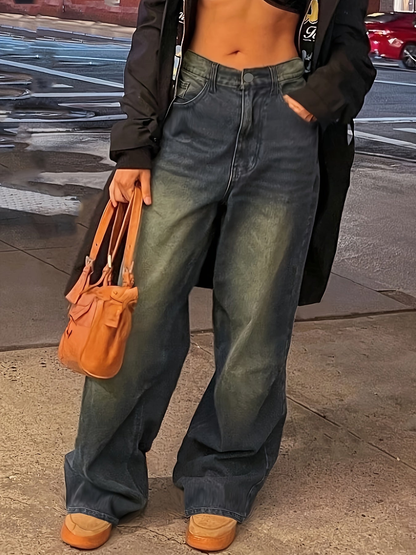 Jeans Femme Style Street Jambe Droite Couleur Unie Rétro Décontracté Longue Toute Saison Non Extensible