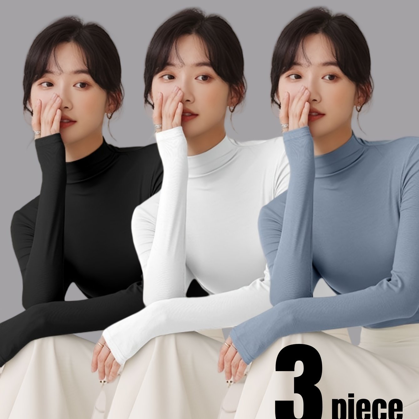 Lot de 3 sous-vêtements thermiques slim, manches longues, col montant, pour femmes, automne et hiver