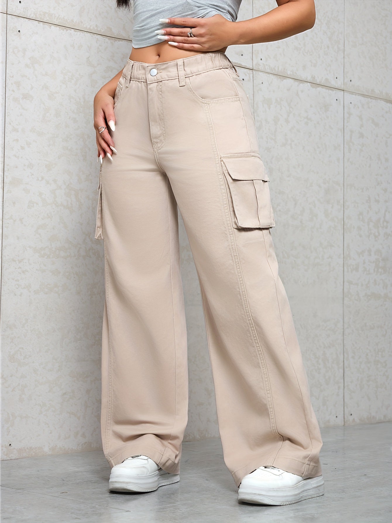 Pantalon Cargo Femme Beige – Taille Élastique avec Poches Multiples et Ceinture