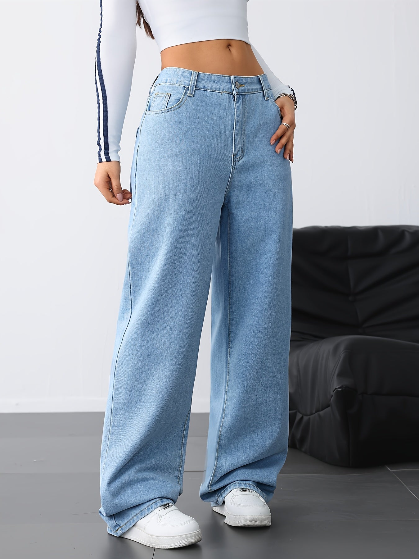 Jeans Femme Jambe Droite Bleu Clair Denim Effet Usé Non Extensible Toute Saison Décontracté Streetwear