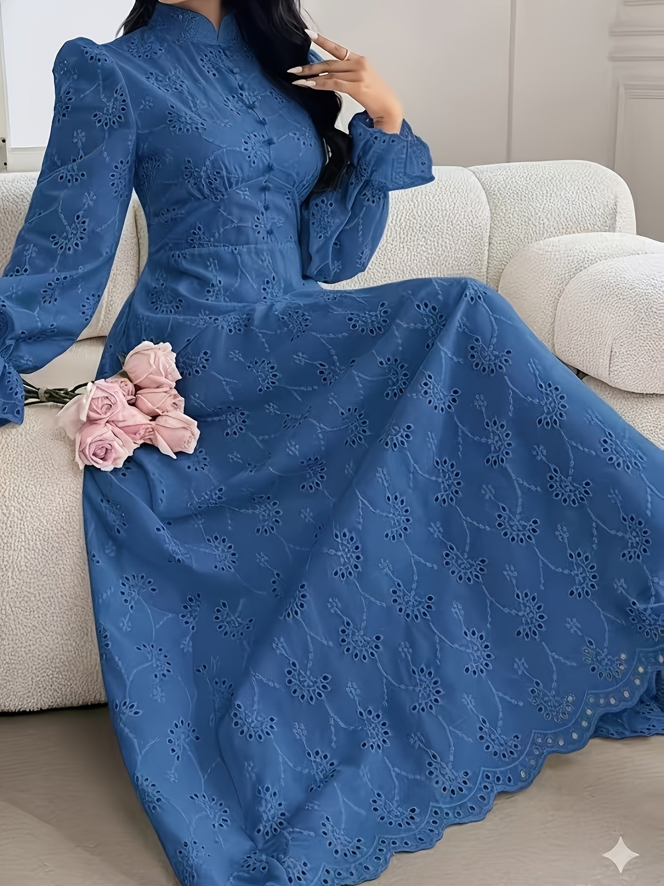 Women'S French Embroidered Stand Collar Puff Sleeve Dress Featuring a Ruffled Design, Suitable for Dates, Vacations, Parties, And Everyday Commuting.
