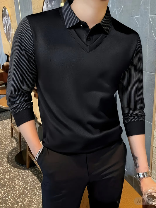 Men'S Two-in-One Long Sleeve T-Shirt - Navy & Striped Patchwork Collar Shirt, Button-Up Front, Breathable Fabric, Regular Fit for Business & Casual Wear, Versatile Clothing | Classic Collar Shirt | Stylish Contrast Design