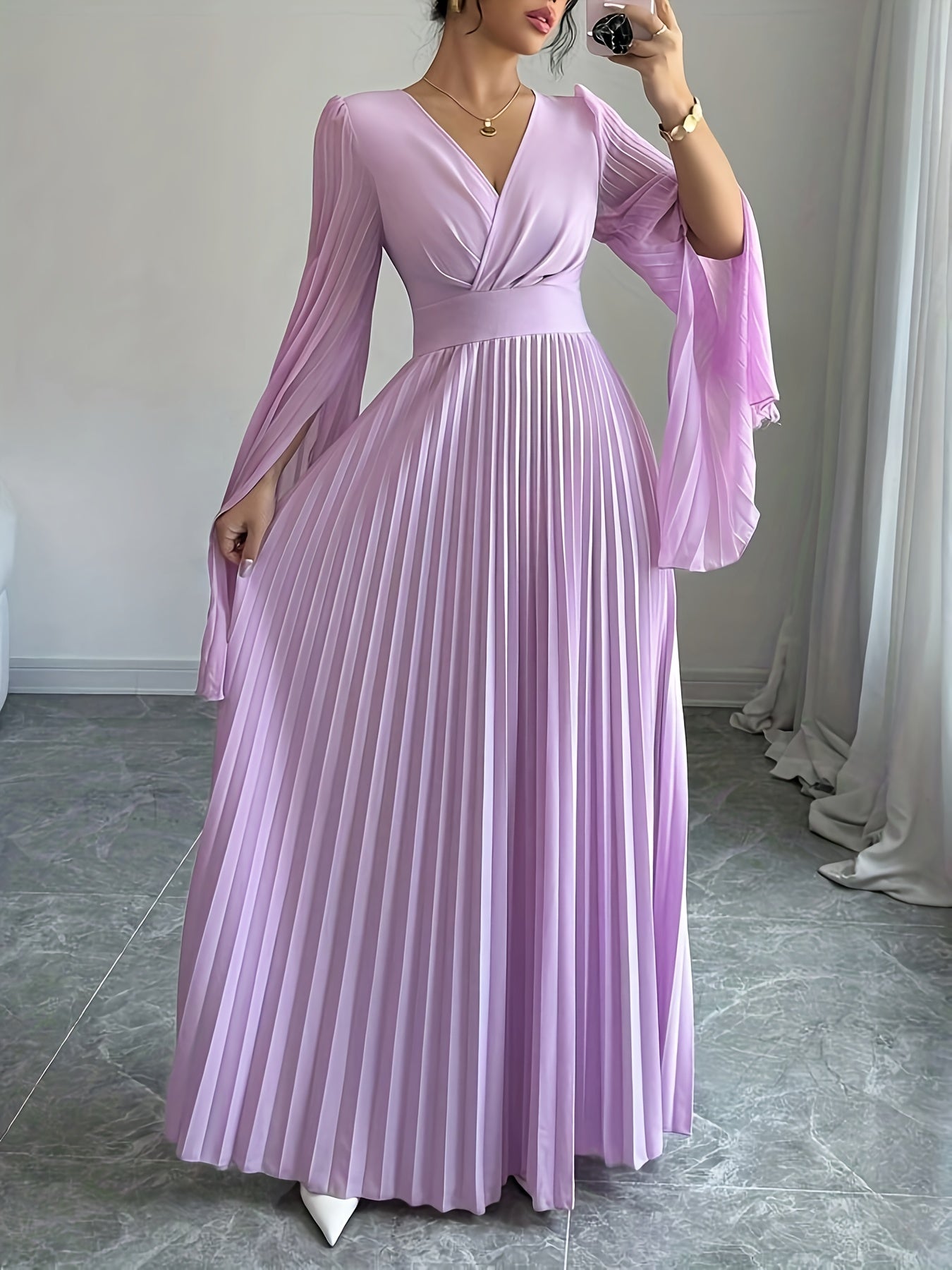 Women's Elegant V-Neck Pleated Open Sleeve Maxi Dress - Fitted Solid Color Machine Washable Spring/Summer Casual & Formal Outfit, Spring Fashion, Quality Craftsmanship