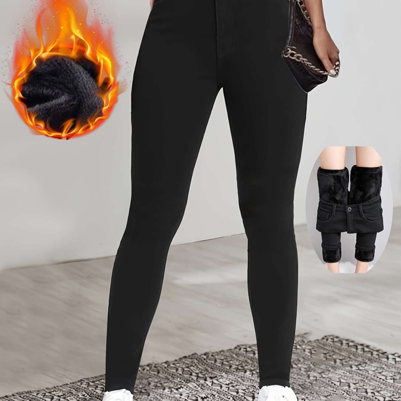 Jeans Femme Taille Haute Skinny Extensible Doublure Polaire Boutons Mi-Haute Hiver Décontracté et Stylé