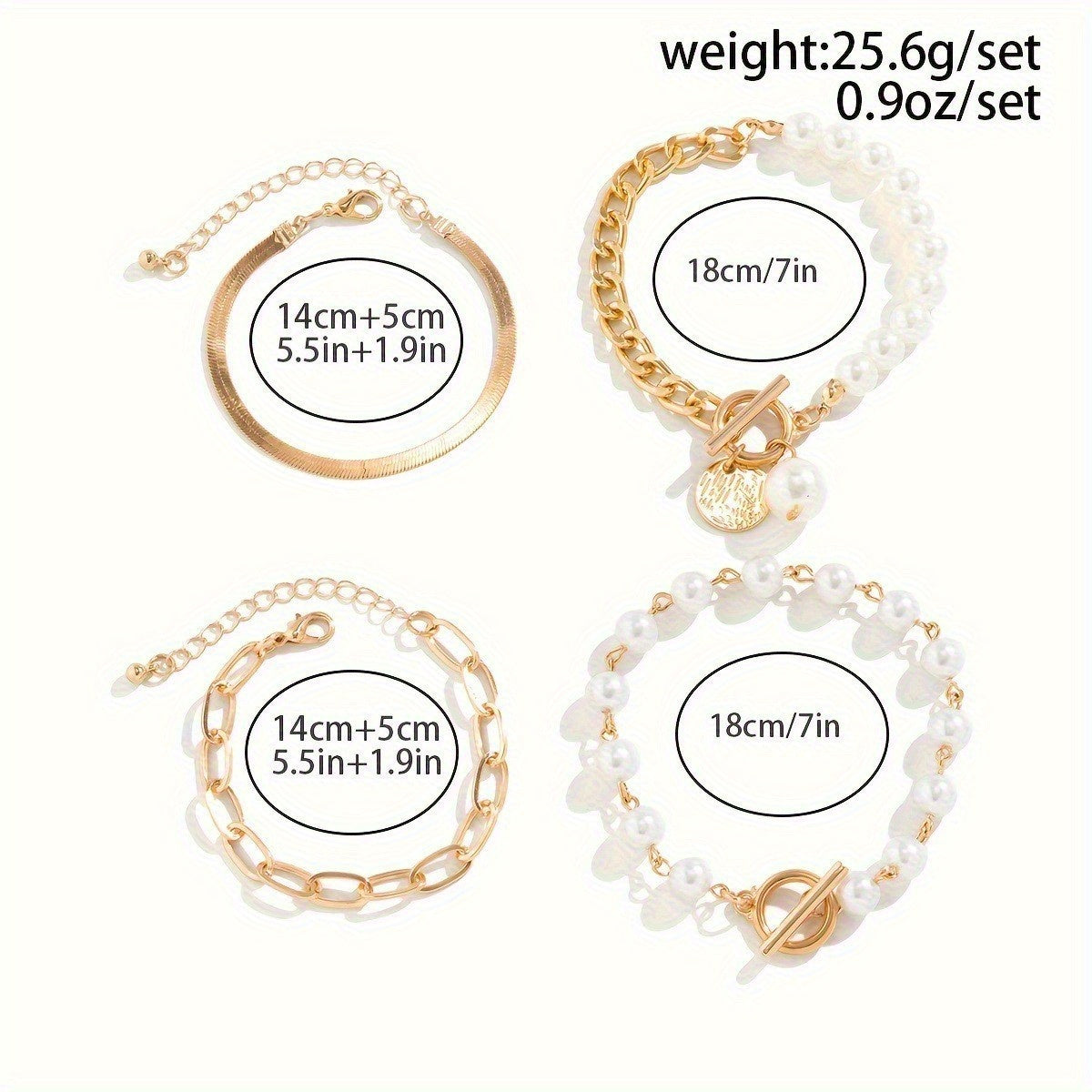 Lot de 4 bracelets mode européenne et américaine – chaîne dorée simple, perles, chaîne serpent, pendentif rond ID, fermoir OT, parfait pour usage quotidien et trajet professionnel